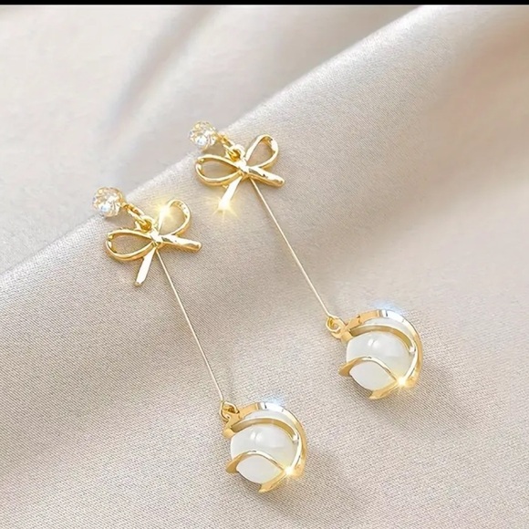 NWOT Bowknot Tassel Drop Earrings Synthetic Gem Alloy 925 Sterling Silver needle - Picture 2 of 5